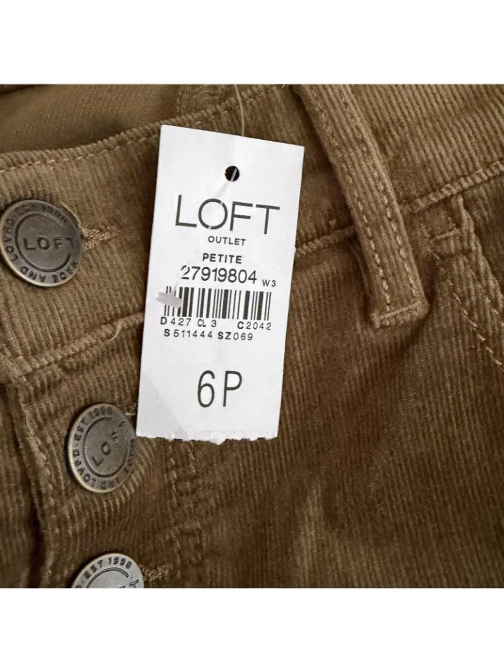Loft New Women's Green Corduroy High Rise Skinny Pants Size 6 Petite Button Fly